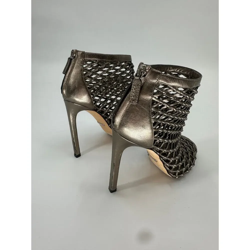 Gucci Eline Metallic Bronze Woven Leather Cage Peep Toe Booties Women's EU 37.5